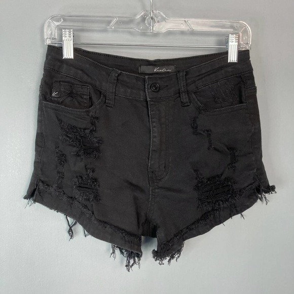 Kancan Black Distressed Destroyed Ripped Denim Raw Hem Jean Shorts Size 27 - Picture 16 of 16